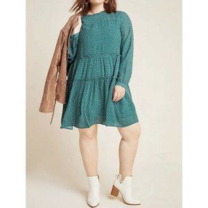 Anthropologie Teal Green Dot Tiered Long-Sleeve Dress
